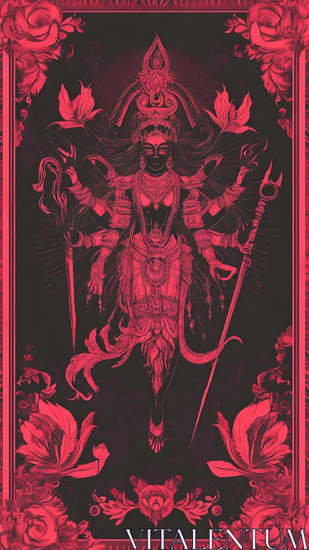 Digital painting of multi-armed goddess with ornate floral frame.