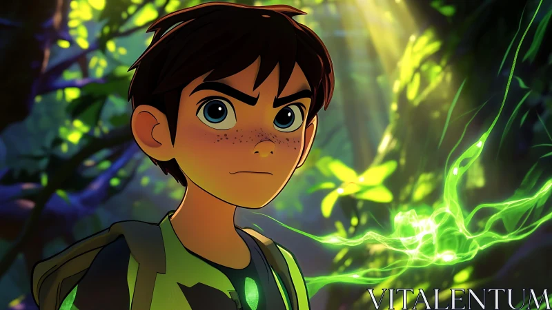 Animated boy stands in stylized forest with green light