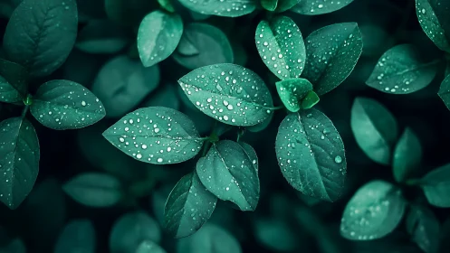 Green leaves with raindrops in uniform overhead arrangement.