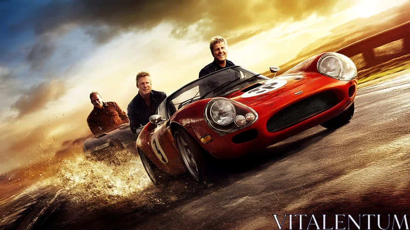 Sunlit racetrack mischief with vintage red rocket car heroes.