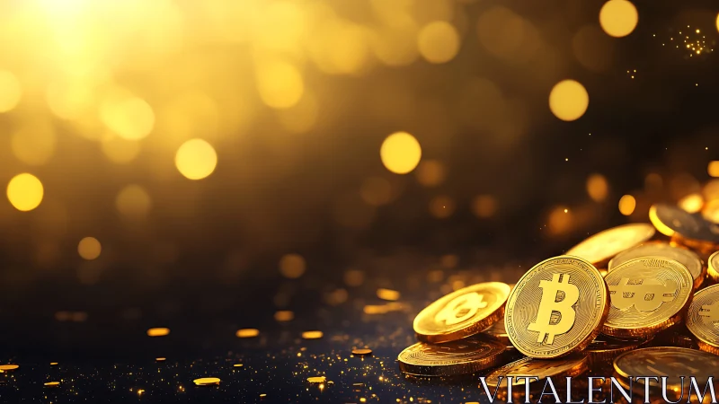 Golden bitcoins tumble forward through glittering bokeh haze