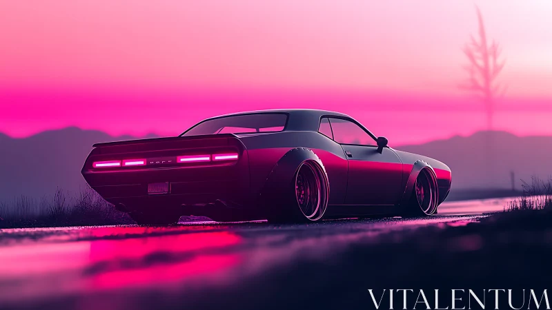 Neon dusk muscle car hums along a mirror-bright highway