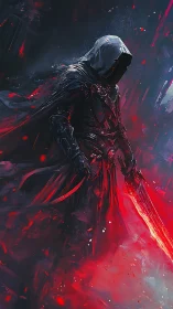 Hooded armored warrior holds glowing red sword in darkness