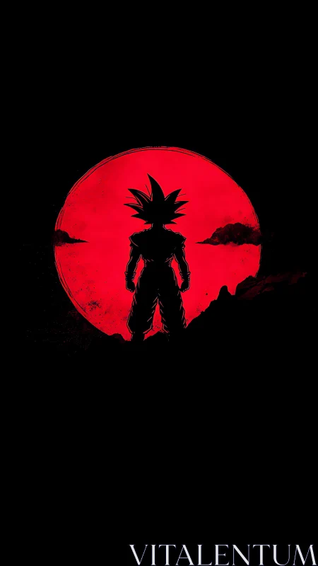 Silhouetted spiky haired figure before large red moon.