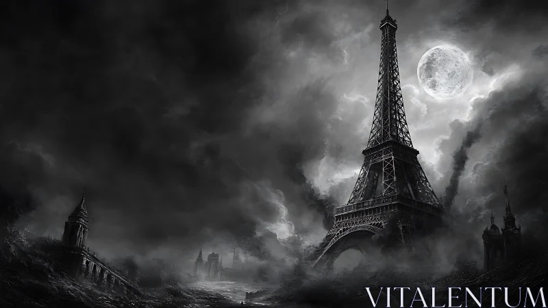 Post-apocalyptic Eiffel Tower under storm-laden lunar sky