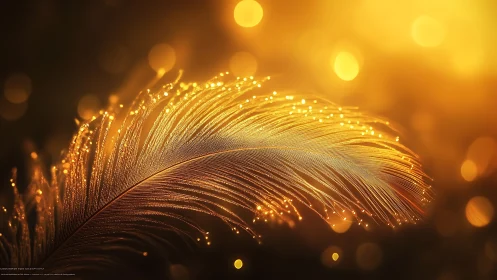 Golden feather closeup under warm glowing bokeh light.
