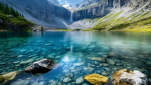 Glacial cirque lake with high clarity water and distant plunge waterfall