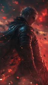 Lone silver‑haired warrior stands amid swirling embers.