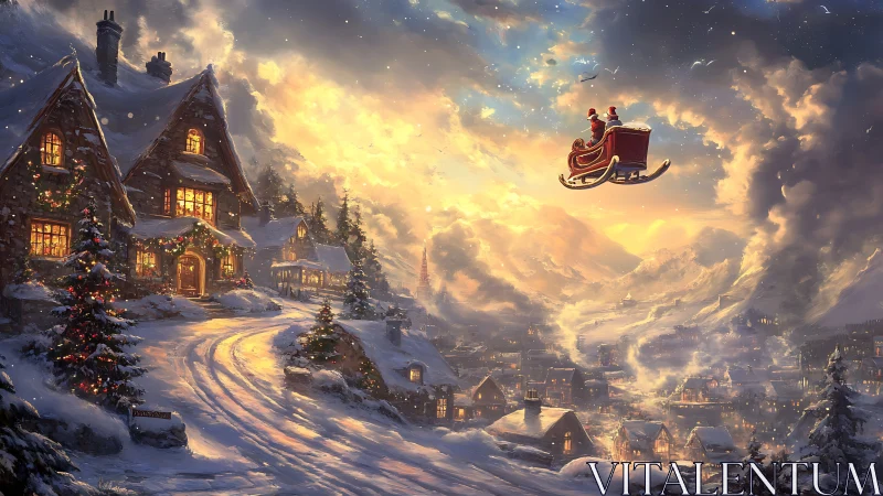 Snow-covered village with illuminated houses and flying sleigh.