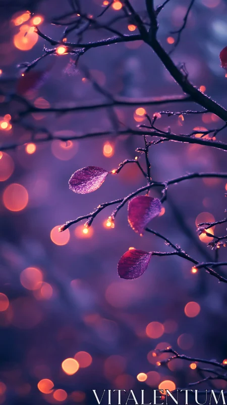 Bokeh-lit dew on violet twigs in shallow nocturnal focus.