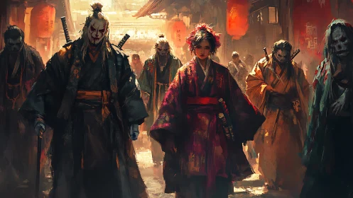 Samurai guardians stride through ember-lit night streets.