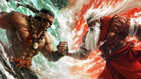 Elemental warriors collide as tide and flame trade thunderous fists