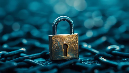 Lone golden padlock reigning over blurred steel chainscape.