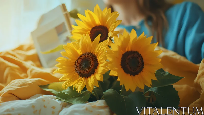 Three sunflowers with brown seed centers rest on yellow fabric