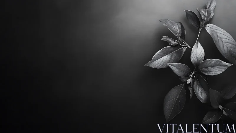 Monochrome botanical branch on gradient noir background.