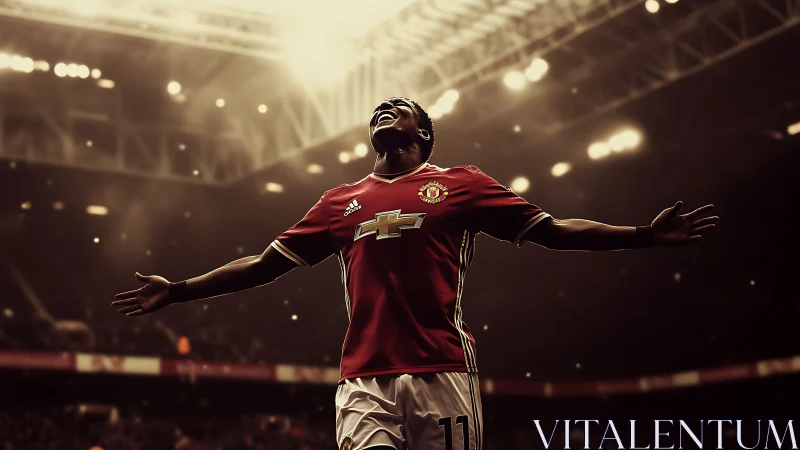 Photorealistic stadium portrait with dramatic backlit triumph.