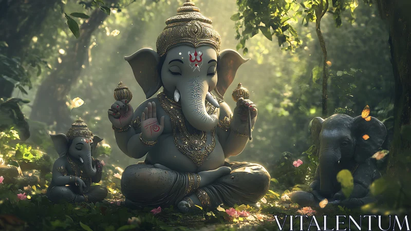 Ganesha icon glows within misted forest sanctuary light