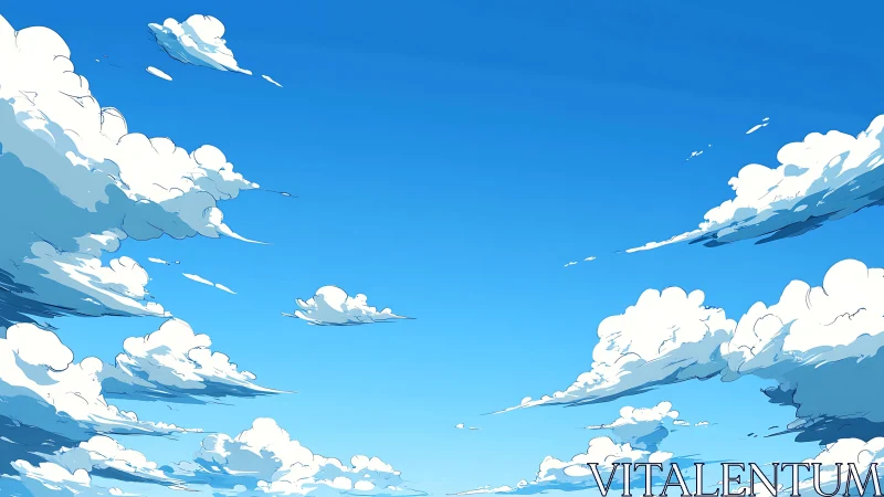 Endless blue sky with drifting storybook summer clouds.