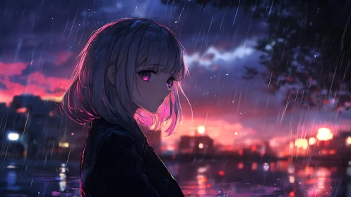 Melancholic anime girl in rain at neon sunset cityscape.
