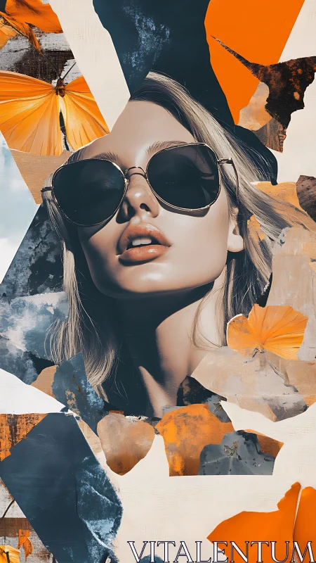 Woman in sunglasses framed by orange butterflies and collage