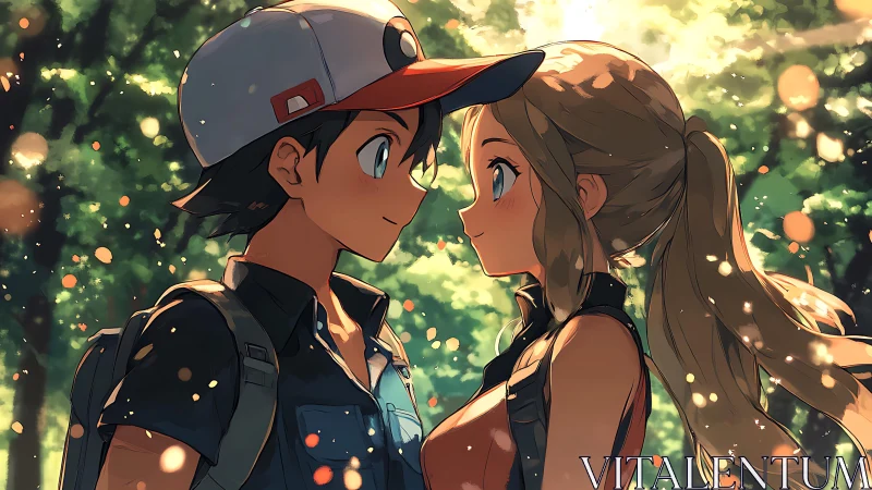 Tender forest moment between two shy anime adventurers.