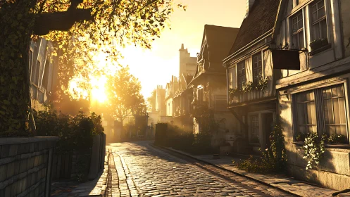 Golden sunrise warms a quiet cobblestone village street