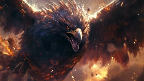 Fierce Eagle Soaring Through Flames in Dramatic Digital Art.