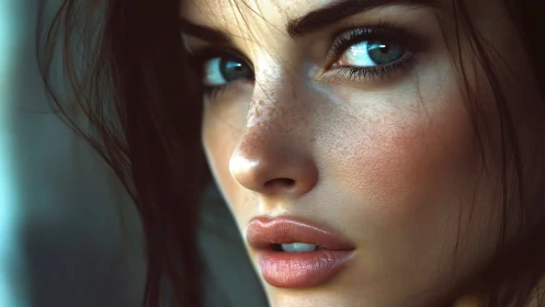 Photorealistic close-up portrait with intense teal eyes.