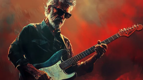 Gritty stage lighting wraps a soulful guitarist in bold color