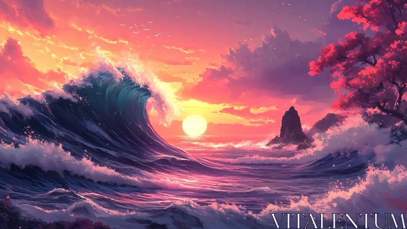 Digital seascape depicts breaking wave at stylized sunset