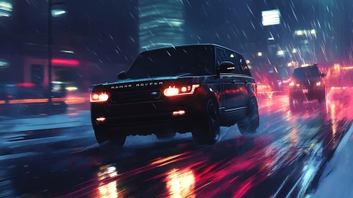 Luxury SUV cuts through neon rain on slick city street.