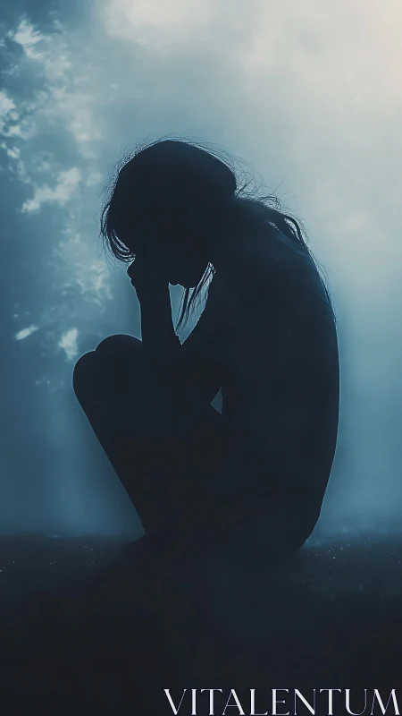 Silhouetted girl folded in misty blue twilight solitude.