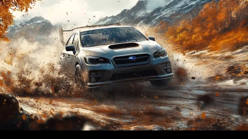 Dynamic rally sedan drifting through autumn mudscape environment.