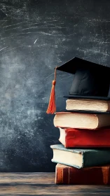 Graduation cap on stacked vintage books before chalkboard.