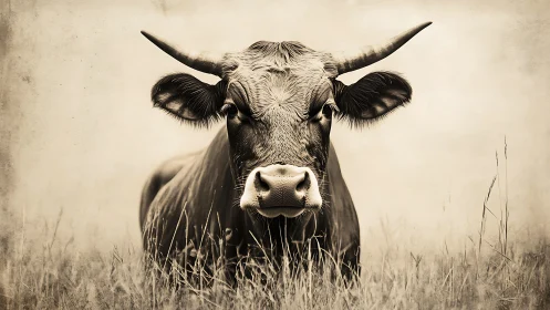 Horned cow stands centered in tall grass facing camera