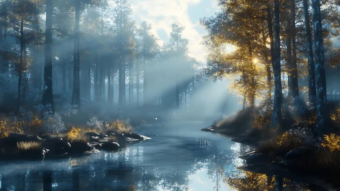 Misty Forest Stream. Golden Autumn Light Through Trees.