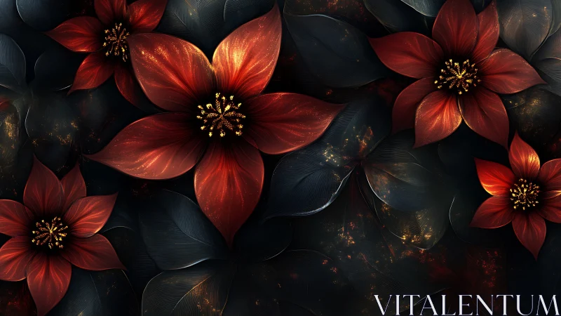 Deep Crimson Blooms Against Obsidian Foliage: Digital Floral Composition.