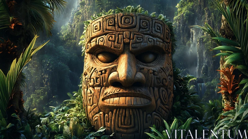 Carved wooden jungle idol face amid dense rainforest foliage.