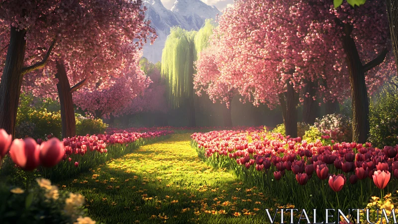 Tree-lined flower path extends toward distant mountains