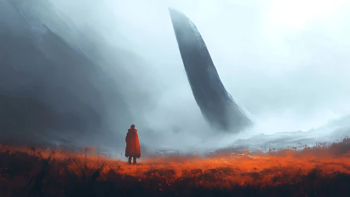 Solitary observer before monolithic obelisk in vaporous valley.