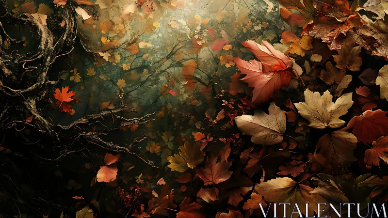 Autumn leaves and gnarled roots form a luminous forest floor