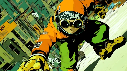 Hooded skater in goggles leans forward across tilted city street