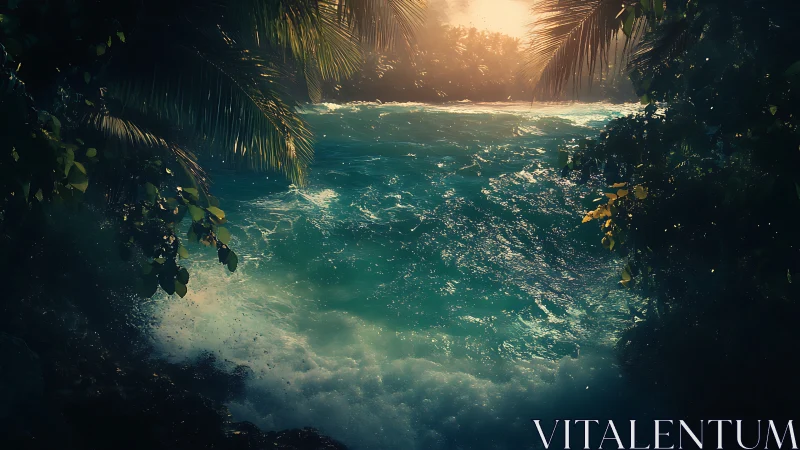 Tropical Lagoon Entrance with Palm Canopy and Golden Backlighting