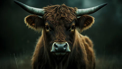 Long-horned highland cow portrait in moody dusk light.