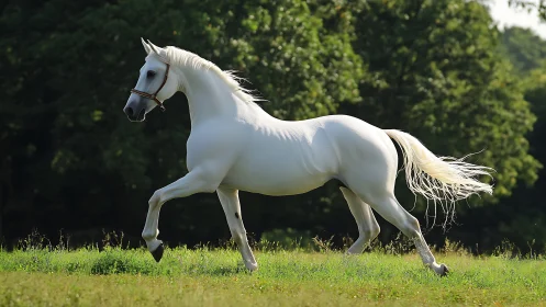 White horse moves at collected trot across sunlit meadow