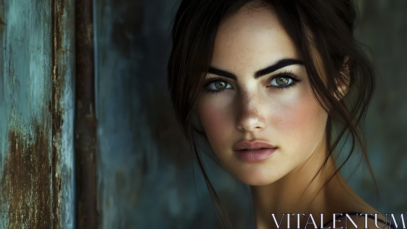 Cinematic portrait of freckled woman by weathered metal wall.