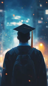 Graduate silhouette facing neon city lights at dusk.