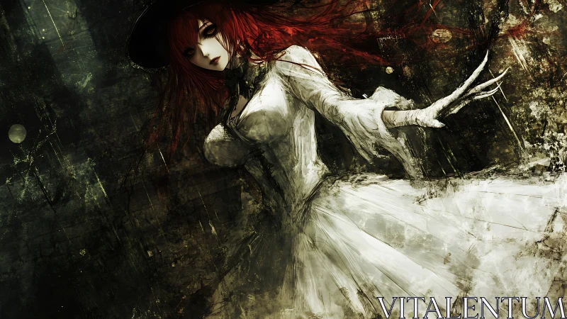 Scarlet haired witch in tattered white dress reaches forward.
