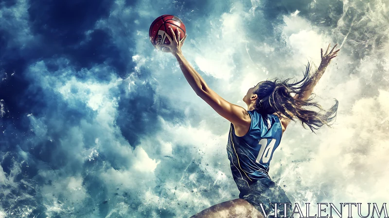 Dynamic female basketball player soars through stormy clouds