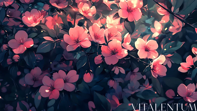 Pink and coral flowers with dark foliage rendered in digital illustration.